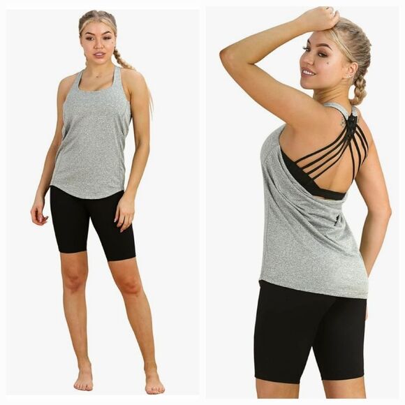 🔥Gray & Black Open Strappy Back Athletic Sleeveless Top Medium - Picture 1 of 10